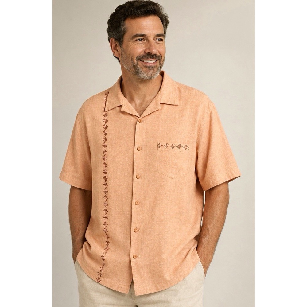 Haggar Men's XXL Orange Embroidered Linen Rayon Short Sleeve Button-Up Shirt